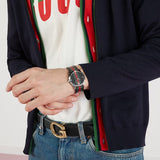 Gucci G Timeless Quartz Black Dial Multicolored Black Leather Strap Watch For Men - YA12640799