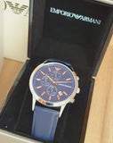 Emporio Armani Renato Chronograph Blue Dial Black Leather Strap Watch For Men - AR11216