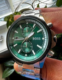 Hugo Boss Globetretter Green Dial Silver Steel Strap Watch for Men - 1513930