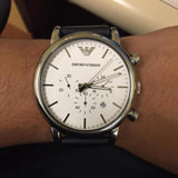 Emporio Armani Classic Quartz Chronograph White Dial Black Leather Strap Watch For Men - AR1807