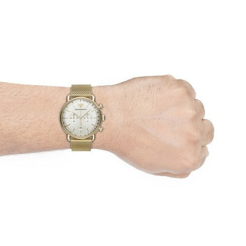 Emporio Armani Aviator Chronograph Quartz Beige Dial Gold Mesh Bracelet Watch For Men - AR11315