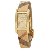 Burberry Pioneer Gold Dial Haymarket Beige Leather Strap Watch for Women - BU9509