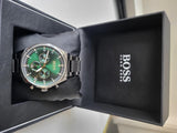 Hugo Boss Pioneer Green Dial Silver Steel Strap Watch for Men - 1513868