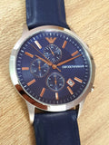 Emporio Armani Renato Chronograph Blue Dial Black Leather Strap Watch For Men - AR11216