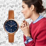 Fossil Jacqueline Three Hand Date Luggage Blue Dial Brown Leather Strap Watch for Women - ES4274