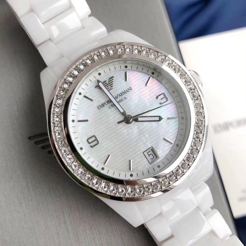 Emporio Armani Ceramica White Mother of Pearl Dial Stainless Steel Strap Watch For Women - AR1426
