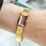 Gucci G Frame Quartz Diamonds White Red Blue Dial Gold Mesh Bracelet Watch For Women - YA147511