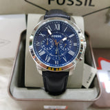 Fossil Grant Chronograph Blue Dial Black Leather Strap Watch for Men - FS4990