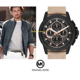 Michael Kors Ryker Chronograph Black Dial Beige Leather Strap Watch For Men - MK8520