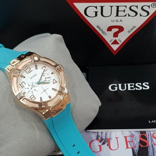 Guess Jet Setter White Dial Turquoise Silicone Strap Watch For Women - W0564L3