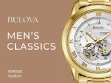 Bulova BVA Skeleton Silver Dial Gold Steel Strap Watch for Men - 97A108