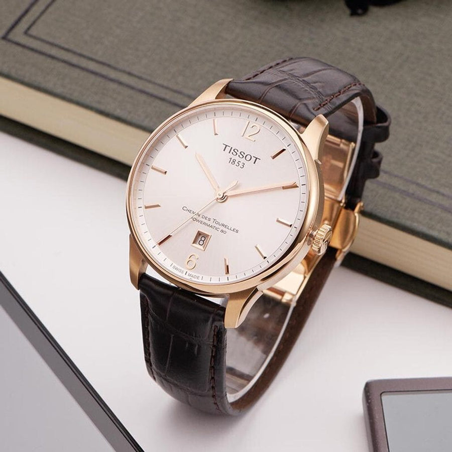 Tissot Chemin Des Tourelles Powermatic 80 Silver Dial Brown Leather Strap Watch For Men - T099.407.36.037.00