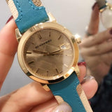 Burberry The City Gold Dial Turquoise Leather Strap Watch for Women - BU9018