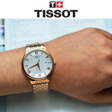 Tissot T Classic Tradition White Dial Rose Gold Steel Strap Watch For Women - T063.610.33.038.00