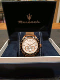 Maserati Traguardo 45mm Chronograph Rose Gold Mesh Strap White Dial Watch For Men - R8873612011