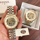 Fossil Townsman Automatic Skeleton White Dial Two Tone Steel Strap Watch for Men - ME3075