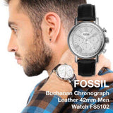 Fossil Buchanan Chronograph Silver Dial Black Leather Strap Watch for Men - FS5102