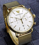 Emporio Armani Aviator Chronograph Quartz Beige Dial Gold Mesh Bracelet Watch For Men - AR11315