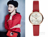 Emporio Armani Kappa Classic Quartz Silver Dial Red Leather Strap Watch For Women - AR11114