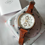 Fossil Boyfriend Chronograph White Dial Brown Leather Strap Watch for Women - ES3837