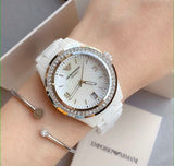 Emporio Armani Ceramica White Mother of Pearl Dial Stainless Steel Strap Watch For Women - AR1426