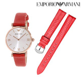 Emporio Armani Gianni T Bar Silver Dial Red Leather Strap Watch For Women - AR1876