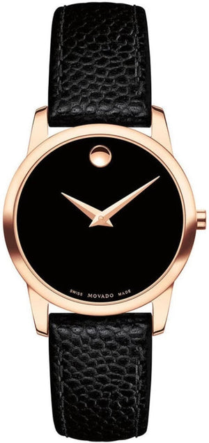 Movado Museum Classic Black Dial Black Leather Strap Watch For Women - 607061