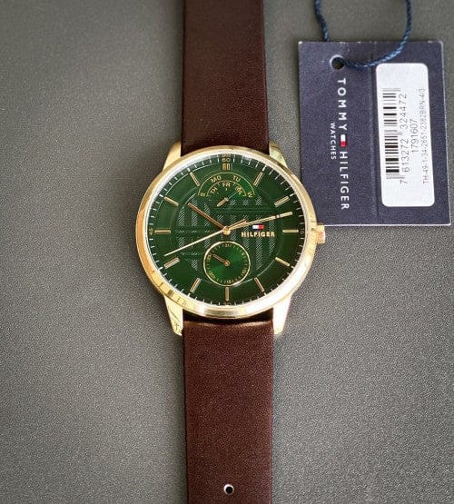 Tommy Hilfiger Hunter Green Dial Brown Leather Strap Watch for Men - 1791607