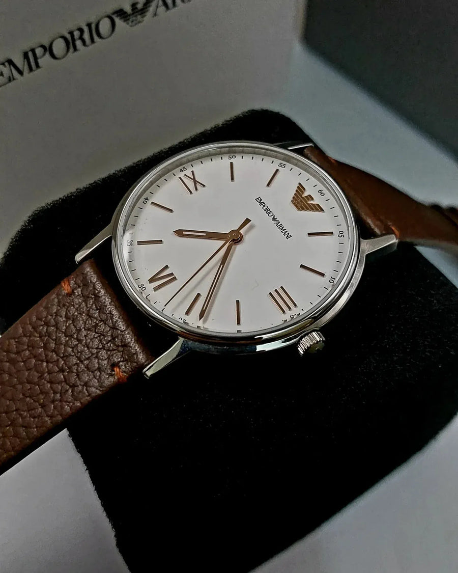 Emporio Armani Kappa Silver Dial Brown Leather Strap Watch for Men - AR11173