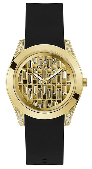 Guess Clarity Gold Dial Black Silicone Strap Watch for Women - GW0109L1