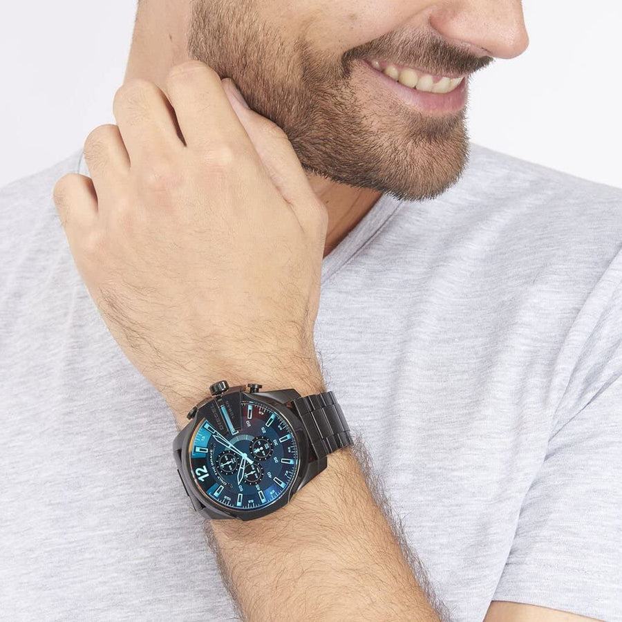 Diesel Mega Chief Chronograph Black Dial Black Steel Strap Watch For Men - DZ4318