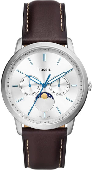 Fossil Neutra Minimalist Moonphase Silver Dial Brown Leather Strap Watch for Men - FS5905