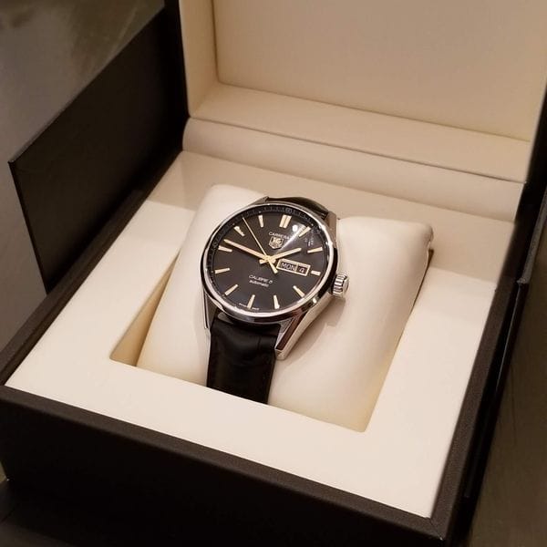 Tag Heuer Carrera Calibre 5 Automatic Black Dial Black Leather Strap Watch for Men - WAR201C.FC6266