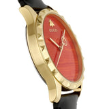 Gucci G Timeless Coral Red Dial Black Leather Strap Watch For Men - YA126464