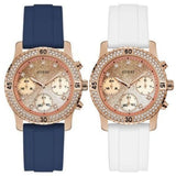 Guess Confetti Crystal Rose Gold Dial White Silicone Strap Watch For Women - W1098L5