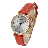 Emporio Armani Gianni T Bar Silver Dial Red Leather Strap Watch For Women - AR1876