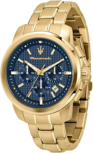 Maserati Successo Chronograph Blue Dial Gold Steel Strap Watch For Men - R8873621021