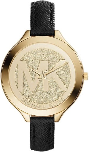 Michael Kors Slim Runway Quartz Gold Dial Black Leather Strap Watch For Women - MK2392