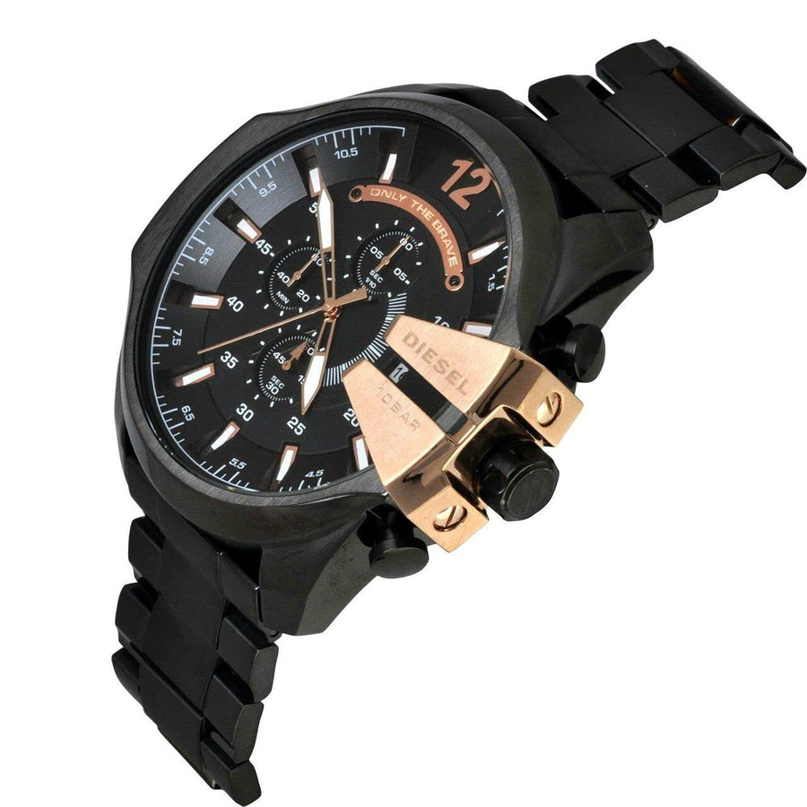 Diesel Mega Chief Chronograph Black Dial Black Steel Strap Watch For Men - DZ4309