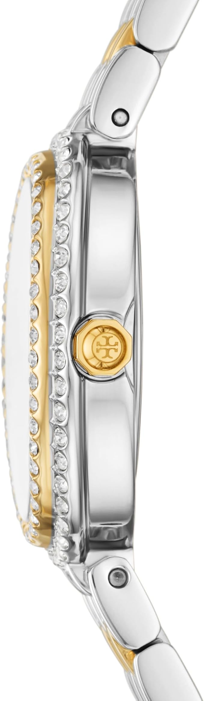 Tory Burch Oval Crystals Mother of Pearl Dial Two Tone Steel Strap Watch for Women - YBW6037