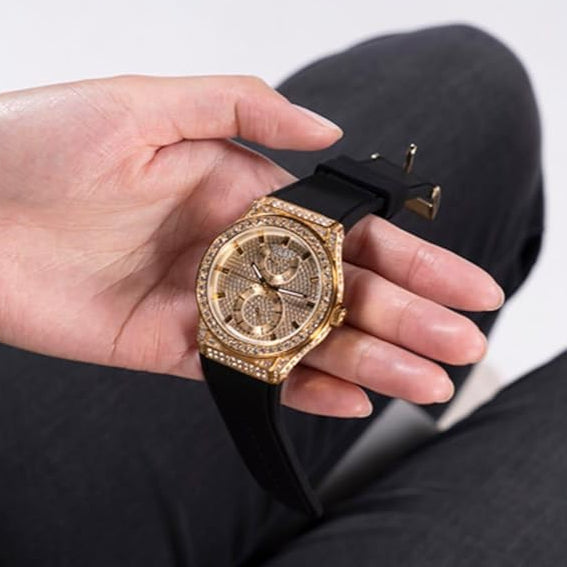 Guess Princess Crystals Gold Dial Black Silicone Strap Watch For Women - GW0439L2