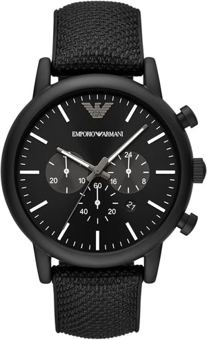 Emporio Armani Dress Chronograph Black Dial Black Leather Strap Watch For Men - AR1918