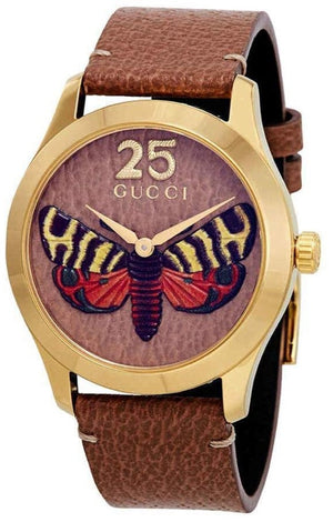 Gucci G Timeless Butterfly Brown Dial Brown Leather Strap Watch For Women - YA1264063