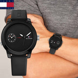 Tommy Hilfiger Denim Black Dial Black Rubber Strap Watch for Men - 1791326