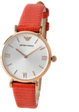 Emporio Armani Gianni T Bar Silver Dial Red Leather Strap Watch For Women - AR1876