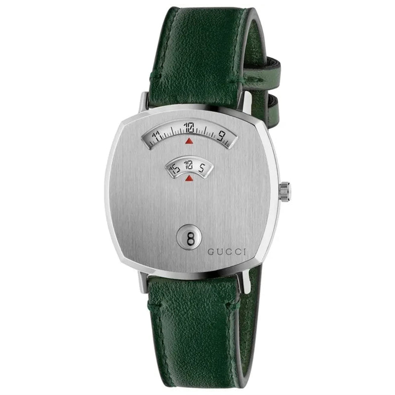 Gucci Grip Silver Dial Green Leather Strap Unisex Watch - YA157412