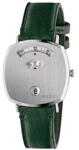 Gucci Grip Quartz Silver Dial Green Leather Strap Unisex Watch - YA157406