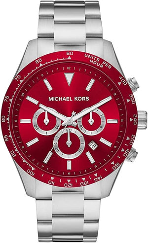 Michael Kors Layton Chronograph Red Dial Silver Steel Strap Watch For Men - MK8822