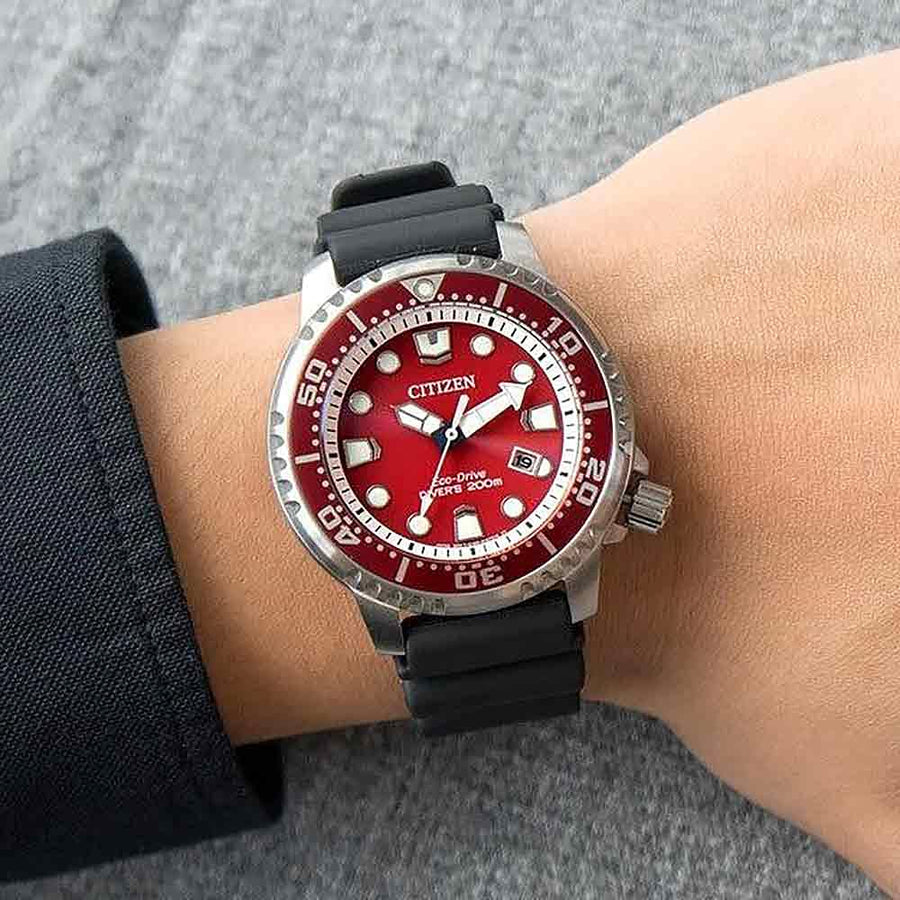 Citizen Eco Drive Promaster Marine Red Dial Black Rubber Strap Watch For Men - BN0159-15X