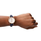 Fossil Original Boyfriend Chronograph White Dial Navy Blue Leather Strap Watch for Women - ES3838